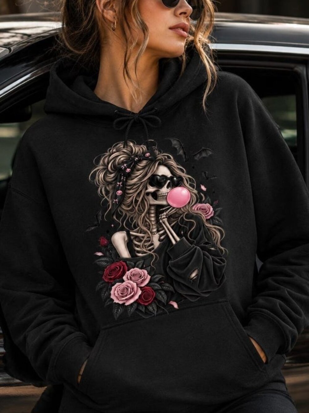 Gothic Skeleton Roses Hoodie, Spooky Alternative Sweatshirt